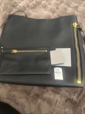 Tom Ford Black Pebbled Leather Shoulder Bag with Gold Padlock